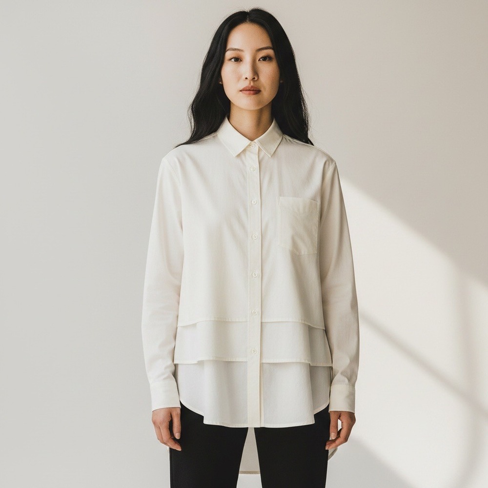 Vince Ivory Layered Hem Button Down Shirt Long Sleeve Collared Blouse Size 6